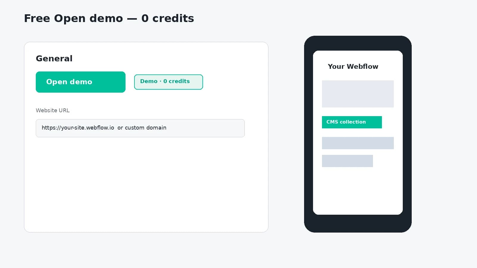 WebToApp.app dashboard showing a Webflow site inside the Open demo phone frame at 0 credits