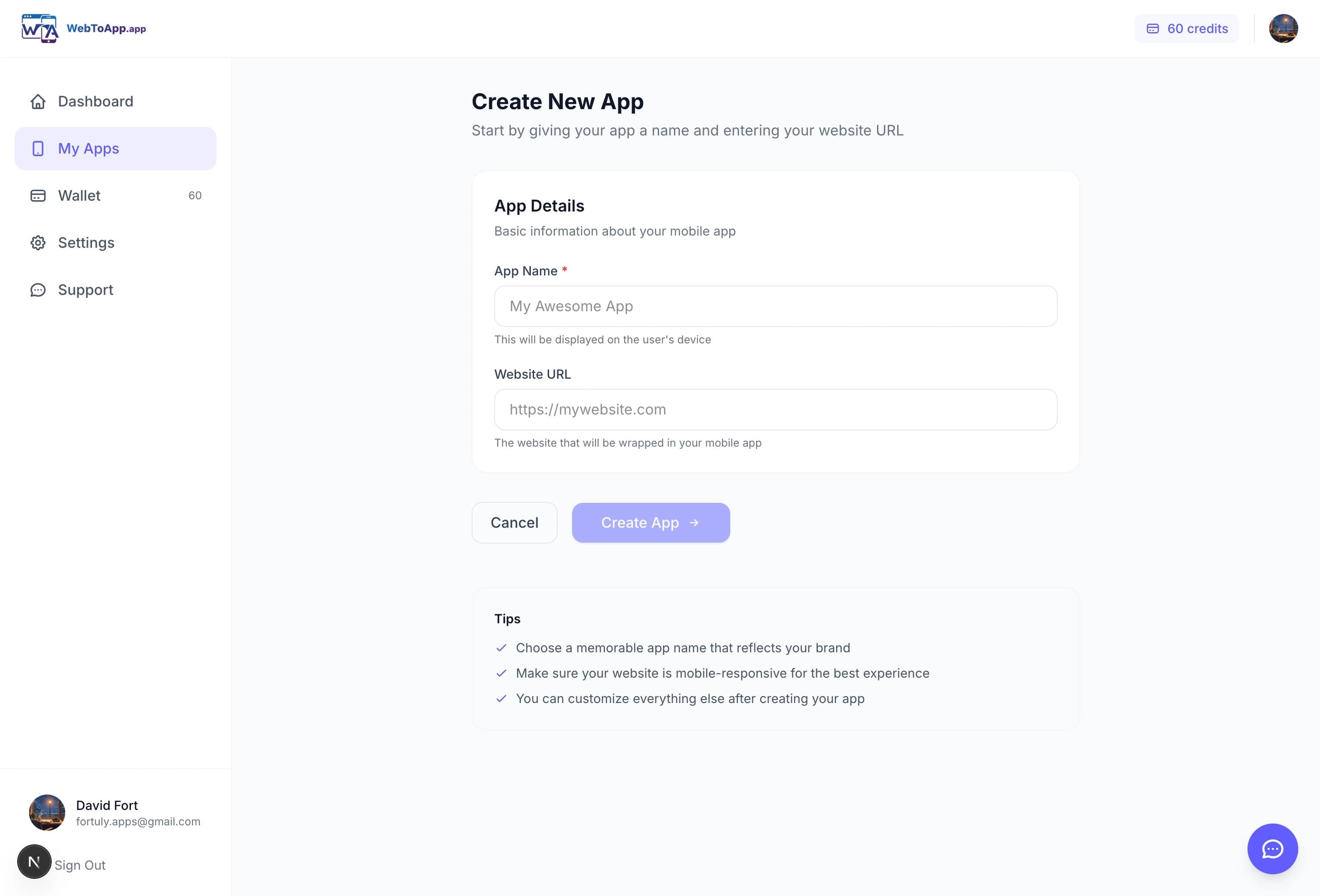 Step 1: Enter your website URL in the WebToApp dashboard