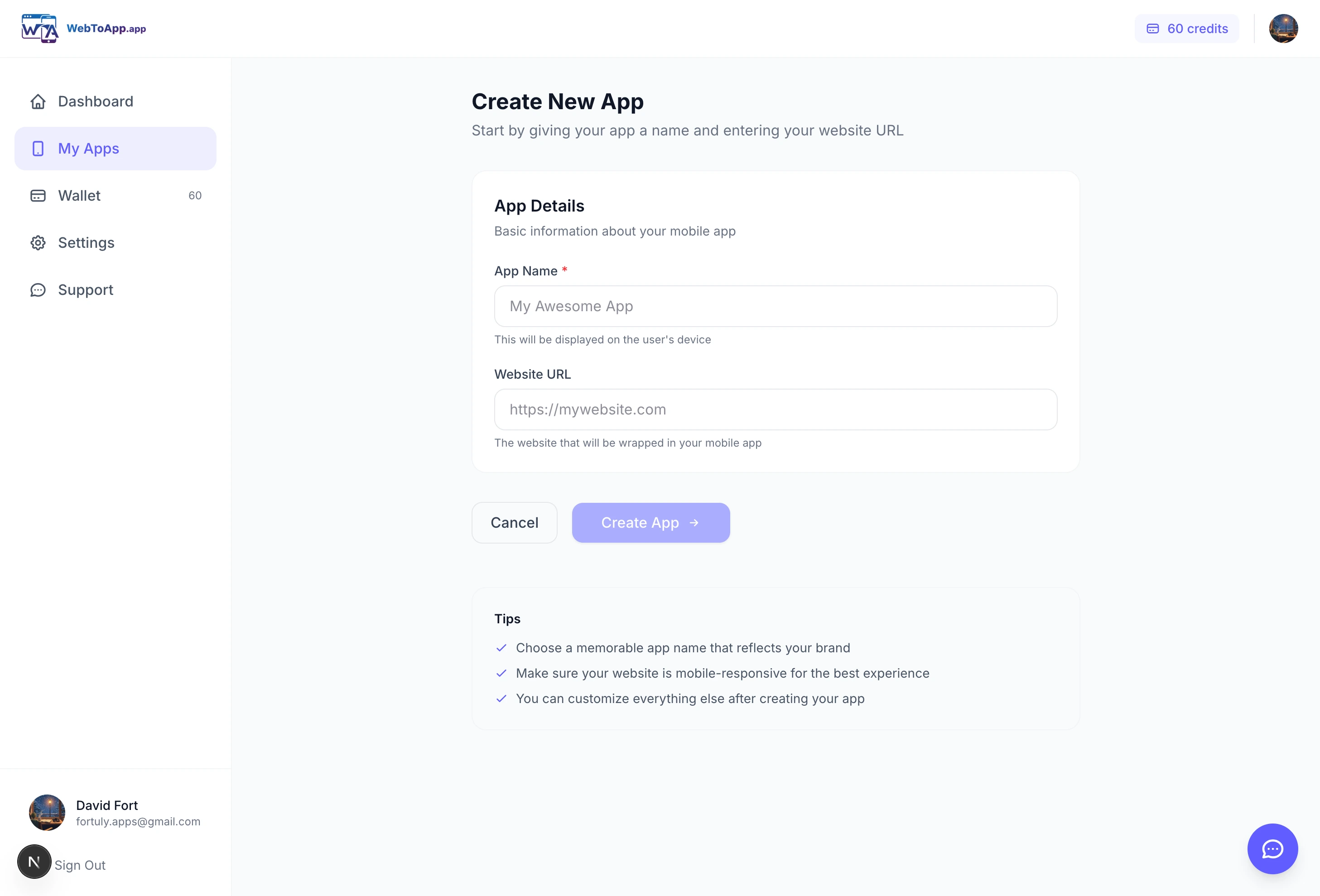 Step 1: Enter your website URL in the WebToApp dashboard